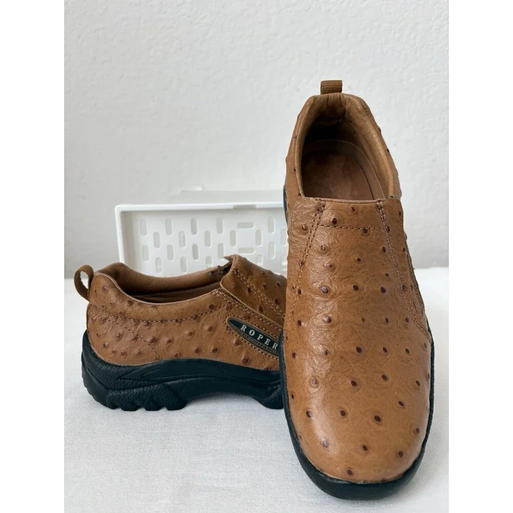 Roper Cotter Ostrich Print Slip-on Casual Shoes Men’s Size 7.5 Tan Rugged Charm